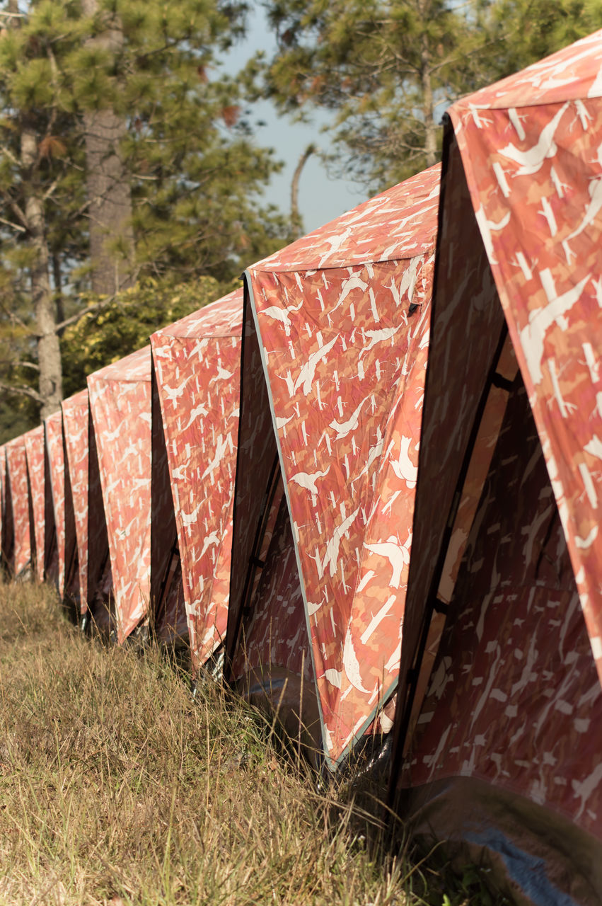 CLOSE-UP OF CLOTHES DRYING ON FIELD BY TREES