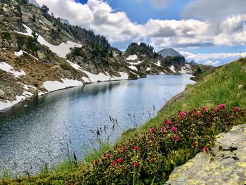 Scenic view of river against cloudy sky