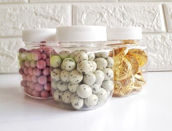 Close-up of ice cream in glass on table