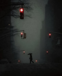 Rear view of man standing on street at night