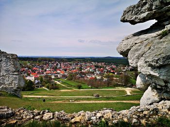 Aerial view of townscape against sky