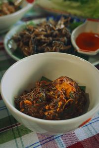 High angle view of food in bowl on table