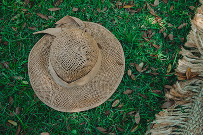 High angle view of hat on field