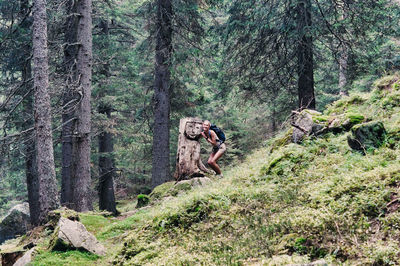 Portrait of woman standing by tree trunk in forest