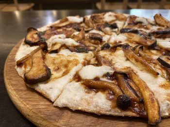 High angle view of pizza on table