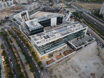 High angle view of buildings in city