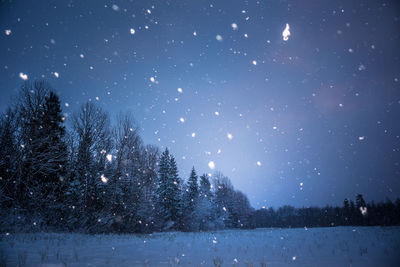 A beautiful, dark winter scenery while snowing. bright white snowflakes.