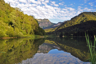 Scenic view of lake and mountains against sky