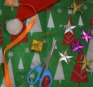 High angle view of christmas decorations on table