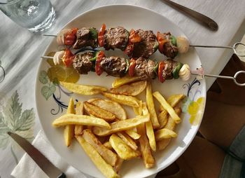 High angle view of food served on table