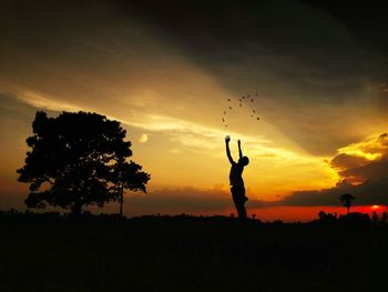 Silhouette man by tree against sky during sunset