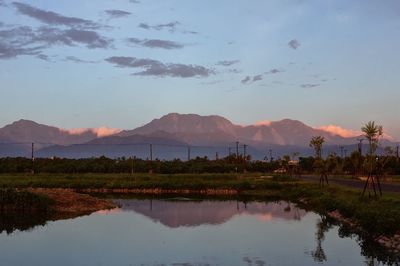 Scenic view of lake and mountains against sky