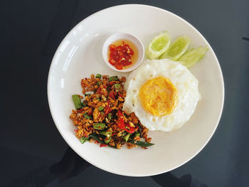 High angle view of meal served on table