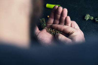 From above back view of faceless man holding in hands marijuana weed while rolling blunt at home