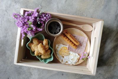 High angle view of breakfast on table