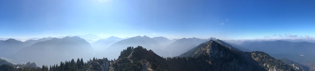 Panoramic view of mountains against blue sky