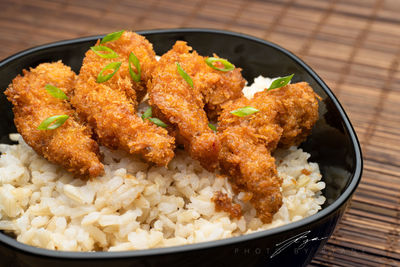 High angle view of food in bowl on table