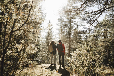 Rear view of couple standing in forest on sunny day