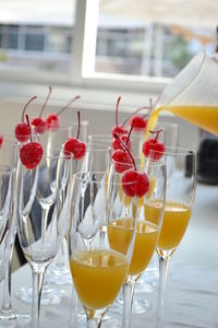 Close-up of drinks with cherries in wineglasses