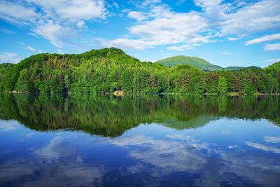 Scenic view of lake and mountains against sky