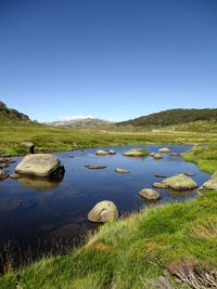 Scenic view of lake against clear blue sky