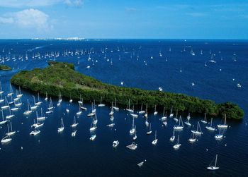 High angle view of sea against blue sky