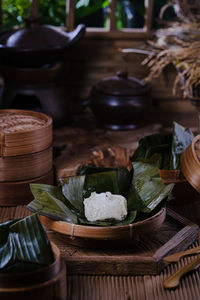 Close-up of food on table, sate ikan palembang or fish cake, traditional food from palembang 