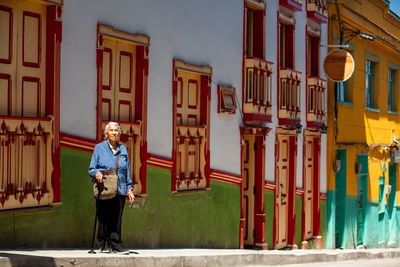 Senior woman tourist at the heritage town of salamina in the department of caldas in colombia