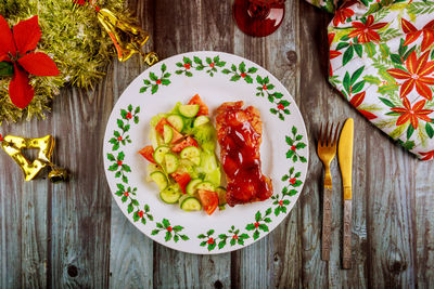 High angle view of fruits served on table