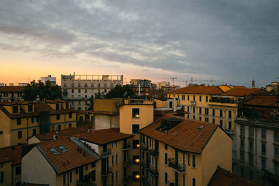 High angle view of townscape against sky at sunset
