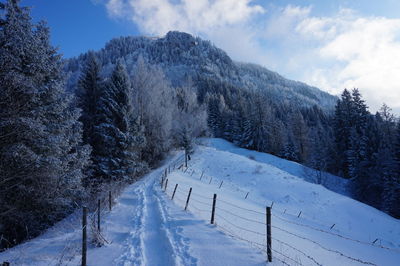 Snow covered landscape against sky