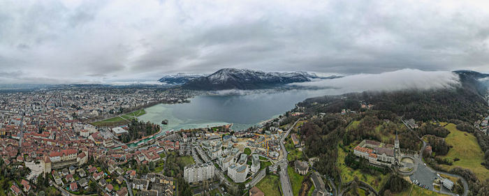 High angle view of buildings against sky