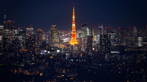 Illuminated buildings in city at night