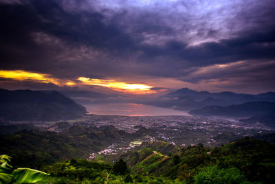 High angle view of landscape against dramatic sky