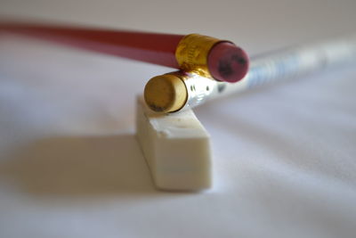 High angle view of pencils on table