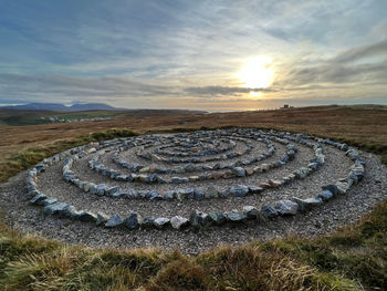 Stone maze on moorland overlooking the atlantic ocean. aird uig on the isle of lewis in scotland. 