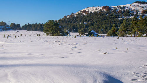 Scenic view of snow covered landscape against sky