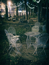 Empty chairs and table against trees at night