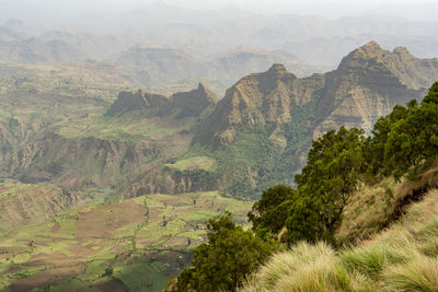 High angle view of landscape and mountains