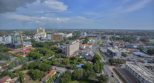 High angle view of buildings against sky