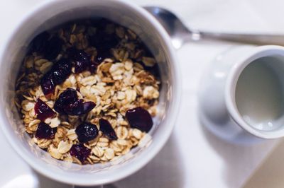 Directly above shot of muesli in bowl on table