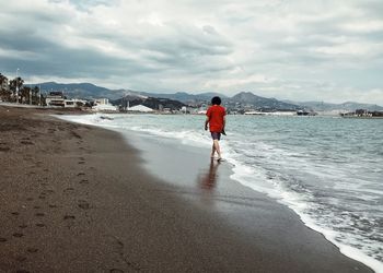 Rear view of man standing on beach against sky