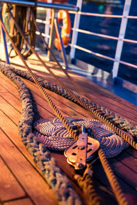 High angle view of ropes in boat