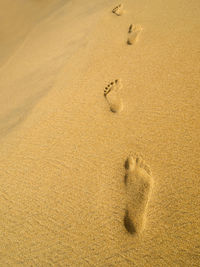 High angle view of footprints on sand at beach