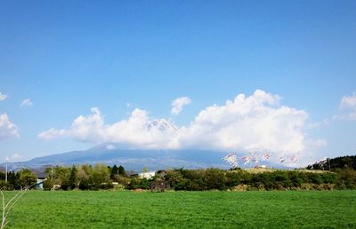 Scenic view of grassy field against cloudy sky