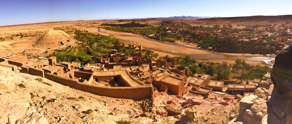 High angle view of old ruins against sky