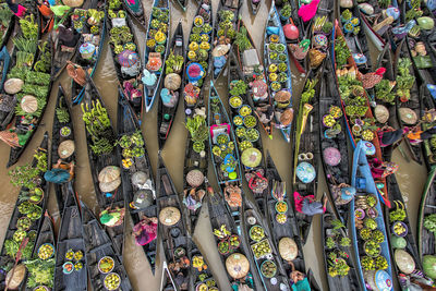 High angle view of food in boat over lake