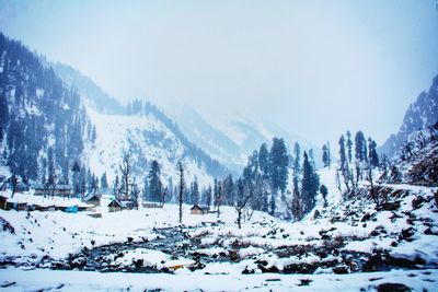 Snow covered land and trees against sky