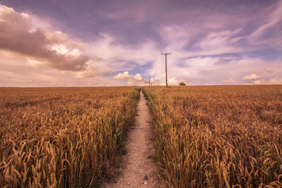 Dirt road passing through field against cloudy sky