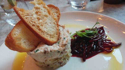 Close-up of breakfast served in plate